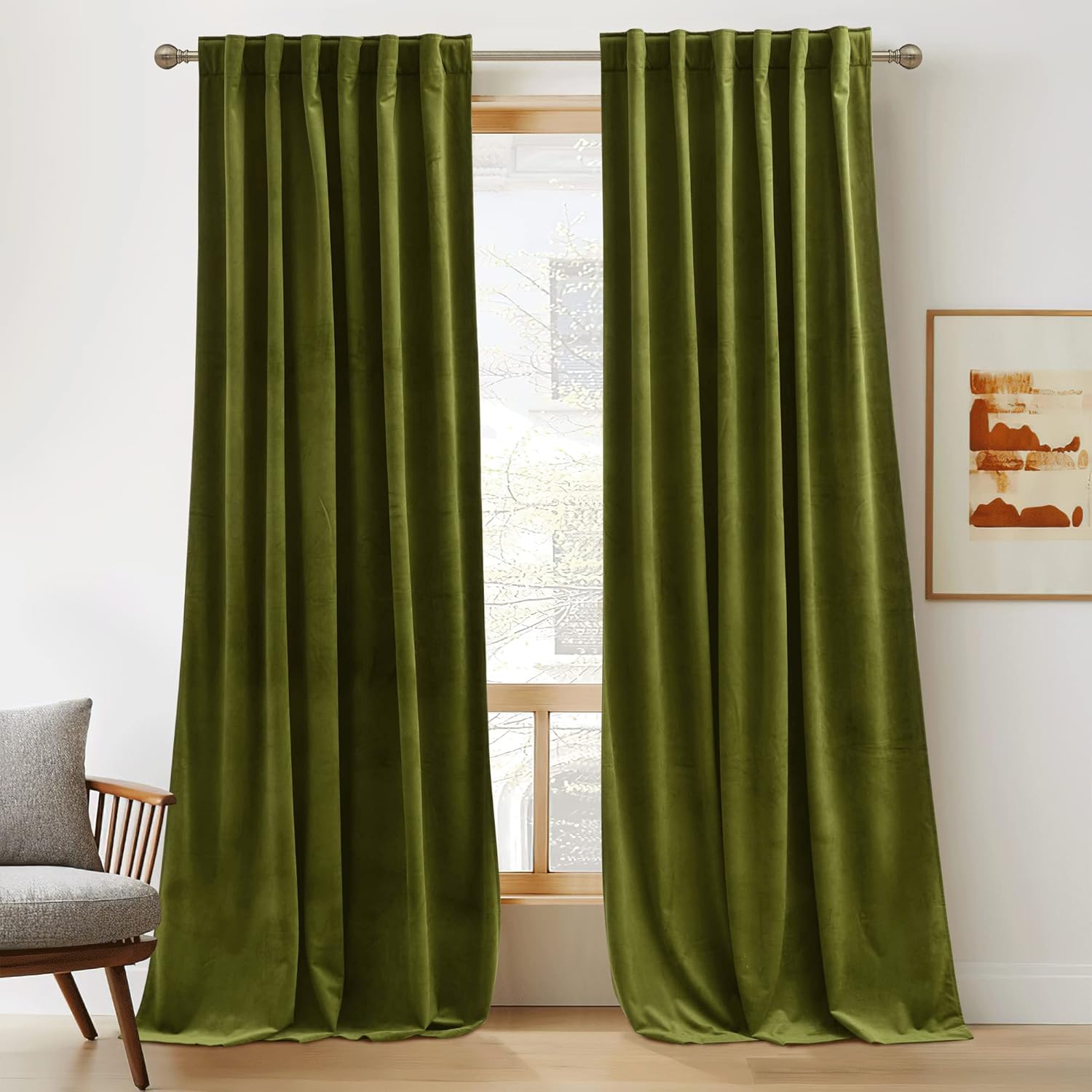 RYB Home Green Velvet Curtains for Elegant Living Room Decor