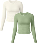 OQQ Womens Long Sleeve Ruched Fitted Crop Tee - Stretchy Basic Top