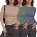 Long Sleeve Womens Crew Neck Tops 3 Pack - Stretchy Fitted Y2K Style