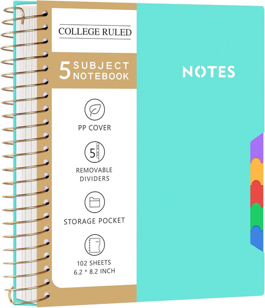 CAGIE 5-Subject Green Notebook with Removable Tabs - Organize Effortlessly!