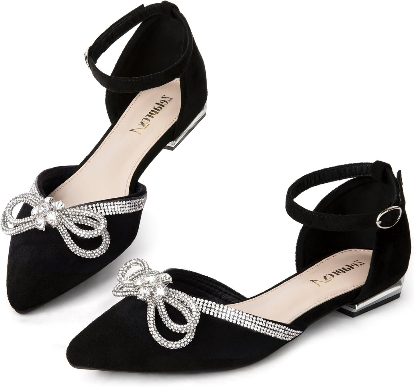 Zelaprox Women's Black Pointed Toe Flats with Rhinestone Bow