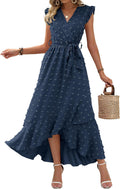 Women V Neck Swiss Dot Maxi Dress - Boho Tie Waist Summer