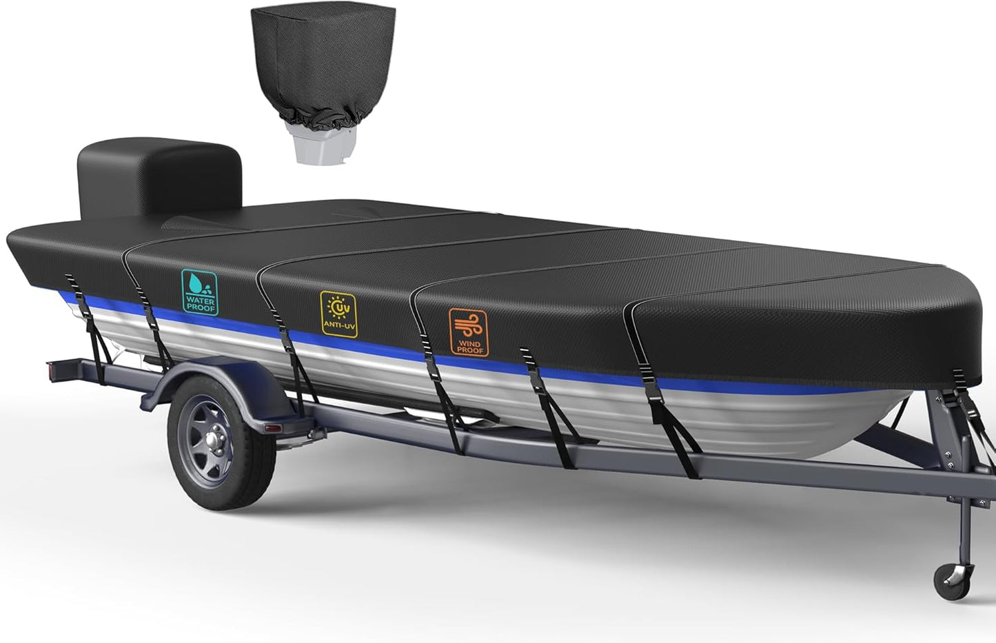 1200D 5-Layer Jon Boat Cover for 14-16ft Boats with Motor Cover