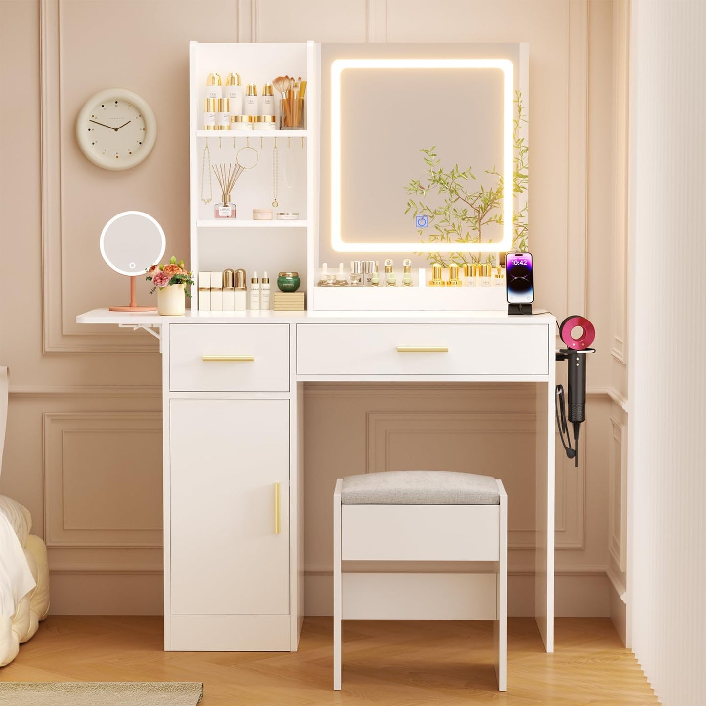 Glam Vanity Desk Set with Lights & Foldable Desk - ERLEJIA