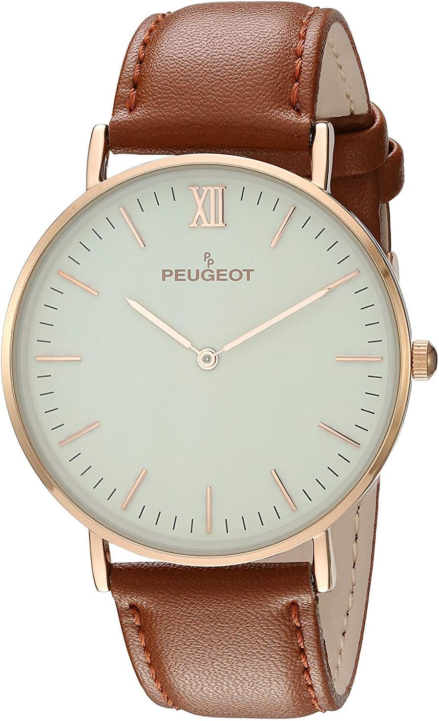 PP Peugeot Men's Gold Slim Watch, Easy Read Dial, Leather Band