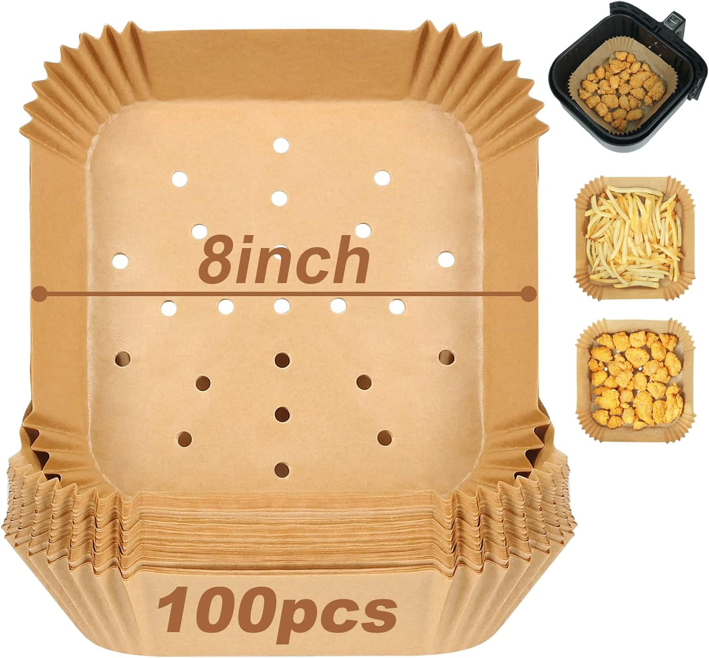 100 Air Fryer Liners, 8 Perforated, Compatible with Various Brands