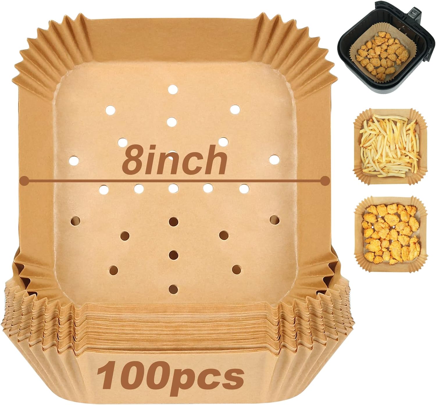 100 Air Fryer Liners, 8 Perforated, Compatible with Various Brands