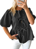 Womens Denim Tie Front Babydoll Top - Puff Sleeve Peplum
