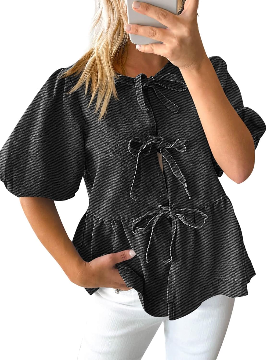 Womens Denim Tie Front Tops Babydoll Peplum Puff Sleeve Shirts