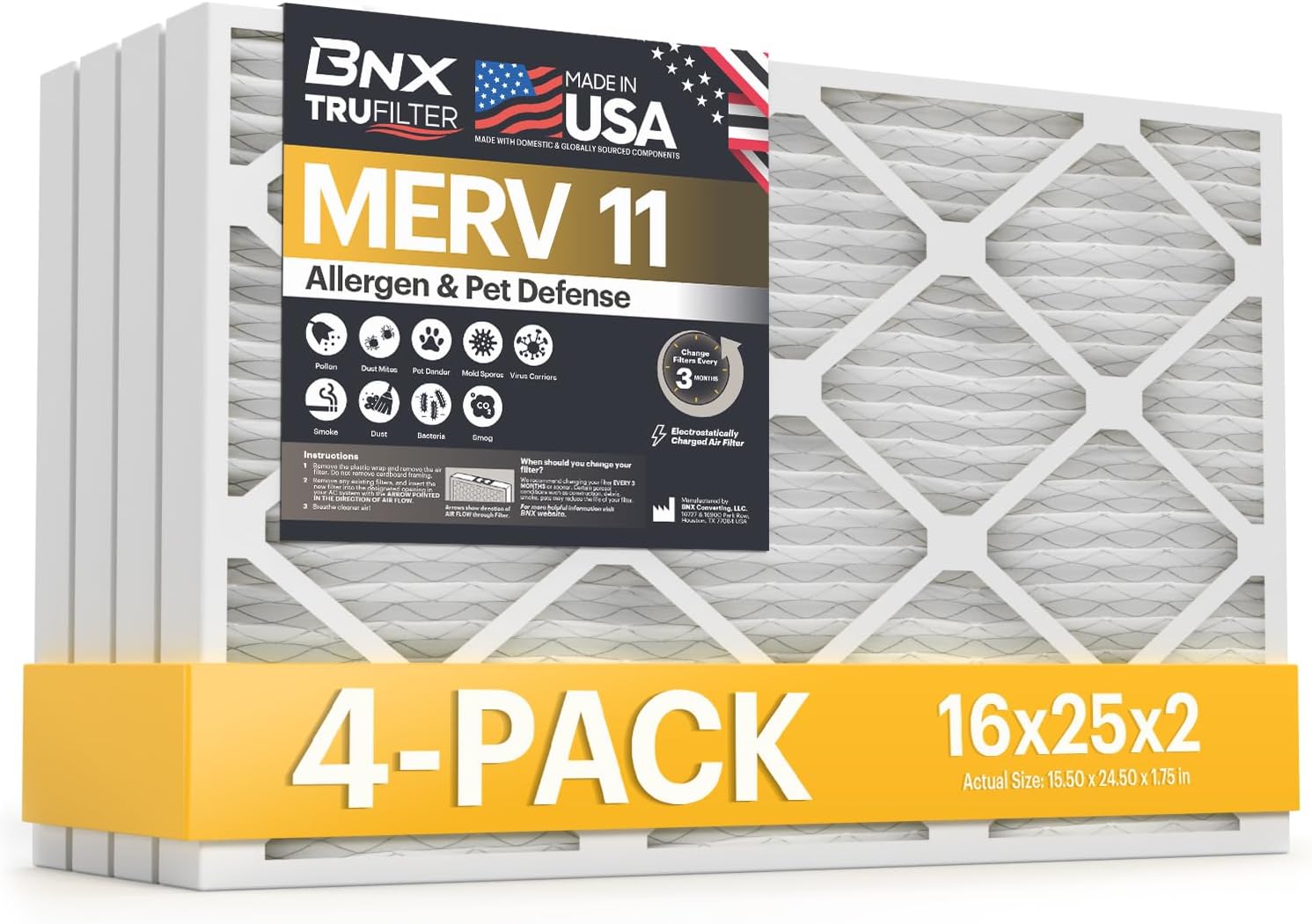BNX TruFilter 16x25x2 Air Filter MERV 11 for Cleaner Air