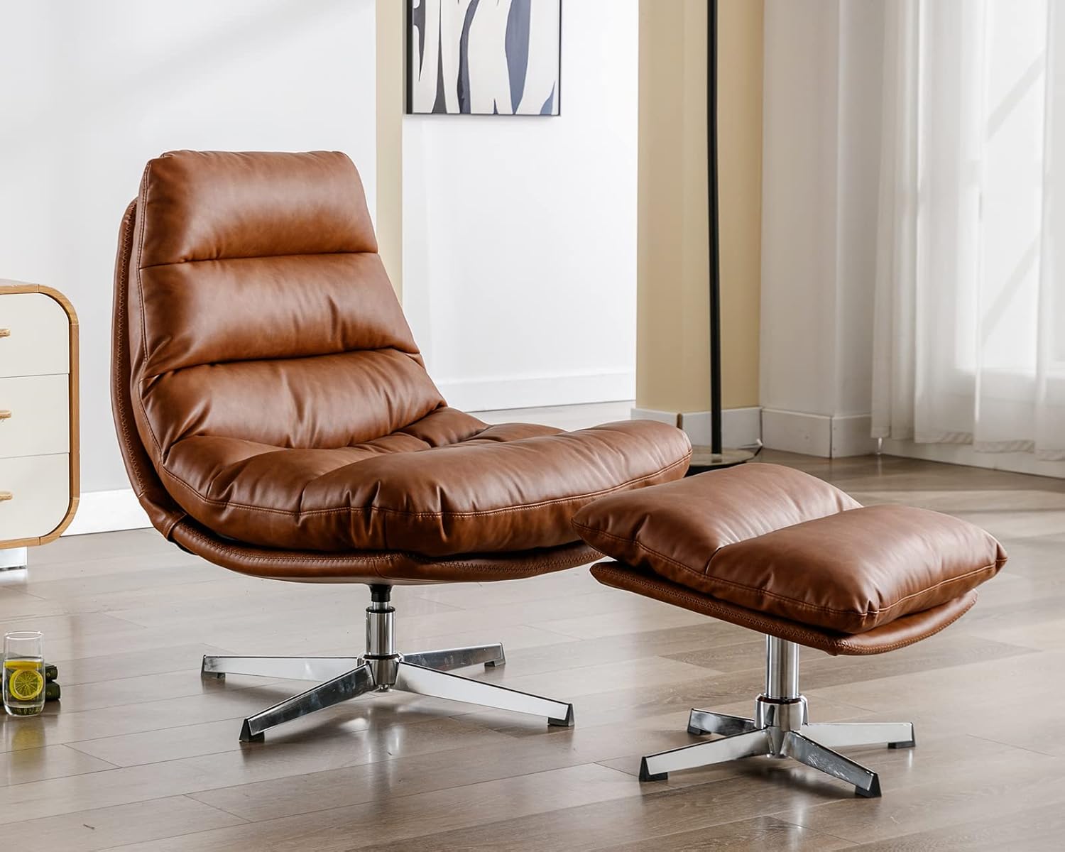 Comfortable Swivel Chair & Ottoman Set - Brown