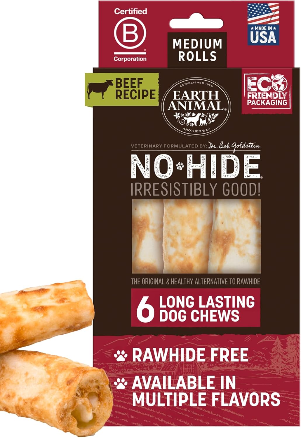 Earth Animal No Hide Medium Beef Chews for Large Dogs - 6 Count
