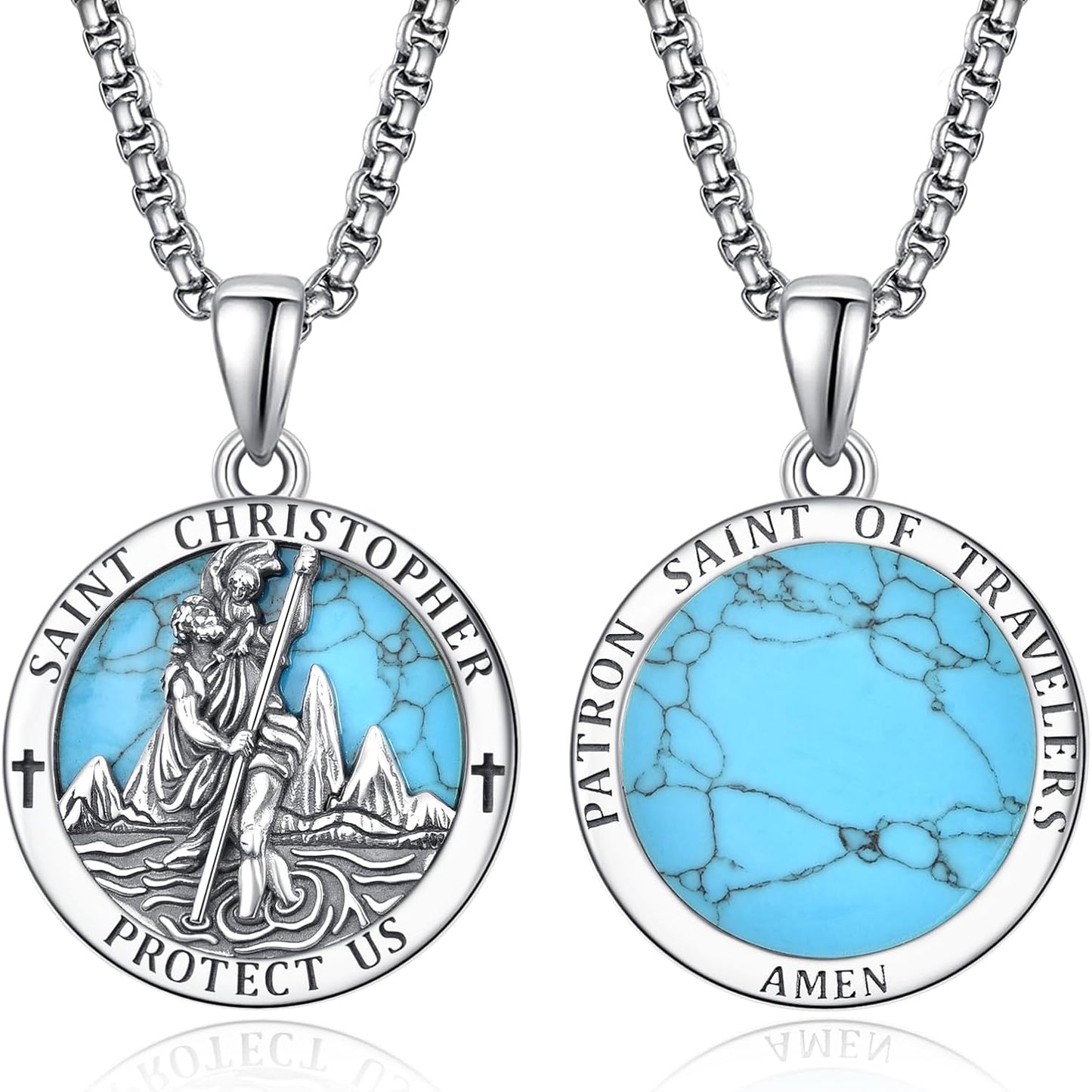 925 Sterling Silver Saint Christopher Medal Amulet Necklace for Men