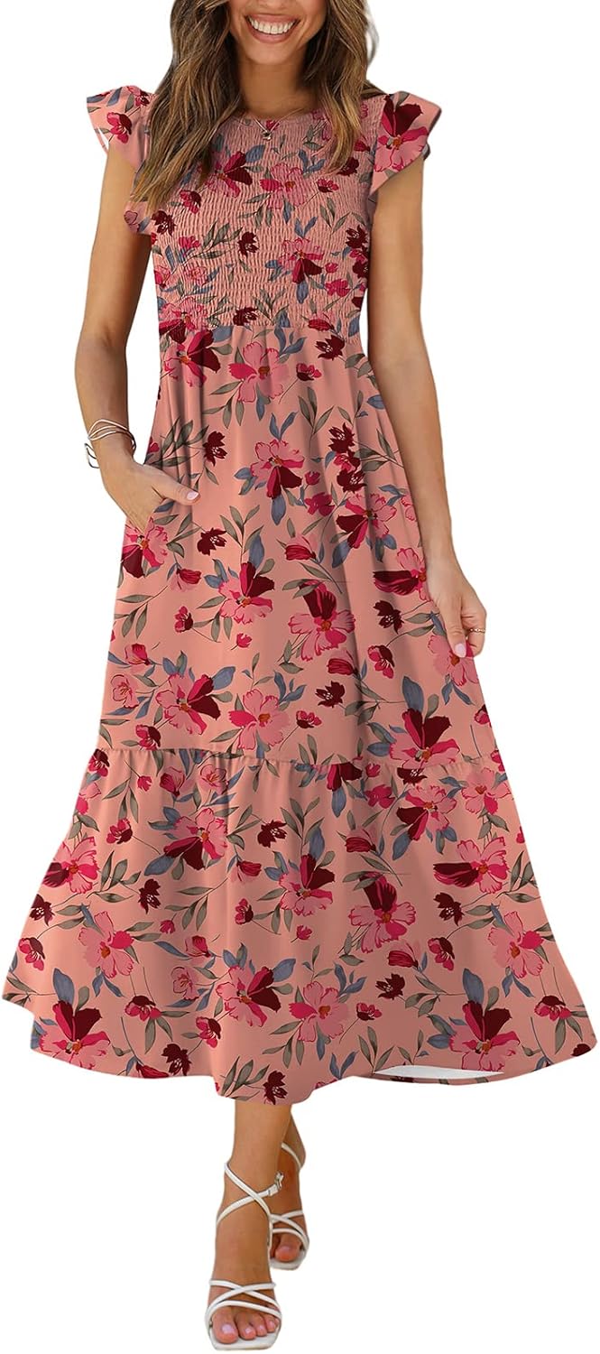 OFEEFAN Women's Casual Maxi Dresses with Pockets and Ruffle Sleeves