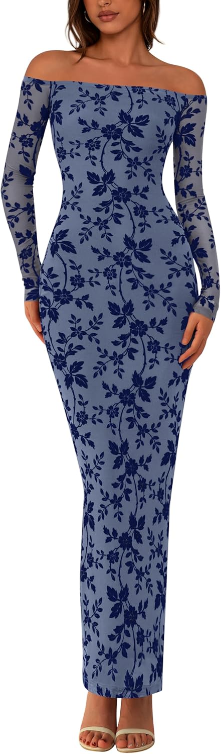PRETTYGARDEN Womens Off The Shoulder Floral Maxi Dress for Fall