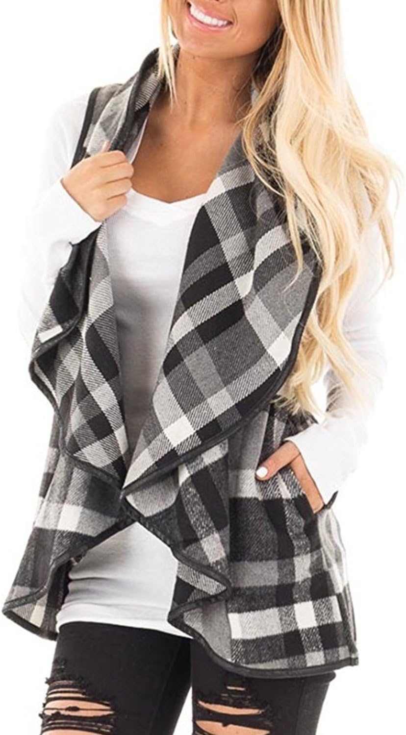 Stylish Women Plaid Vest Open Front Sleeveless Jacket Outerwear