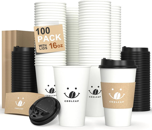 Hot Coffee Paper Cups 16oz 100pk with Lids & Sleeves - Coolcap