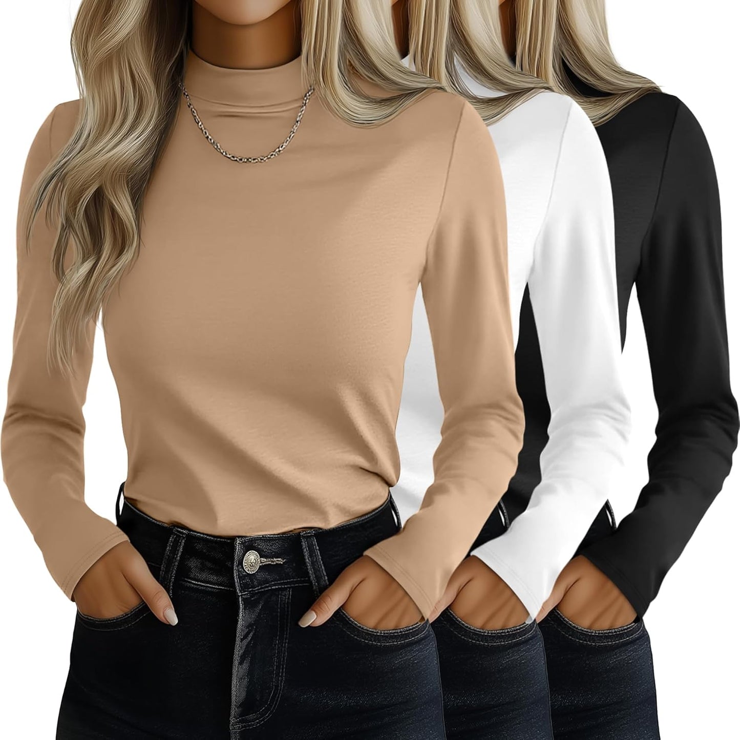 Ficerd Women's Mock Turtleneck Shirts 3 Pack for Stylish Layering