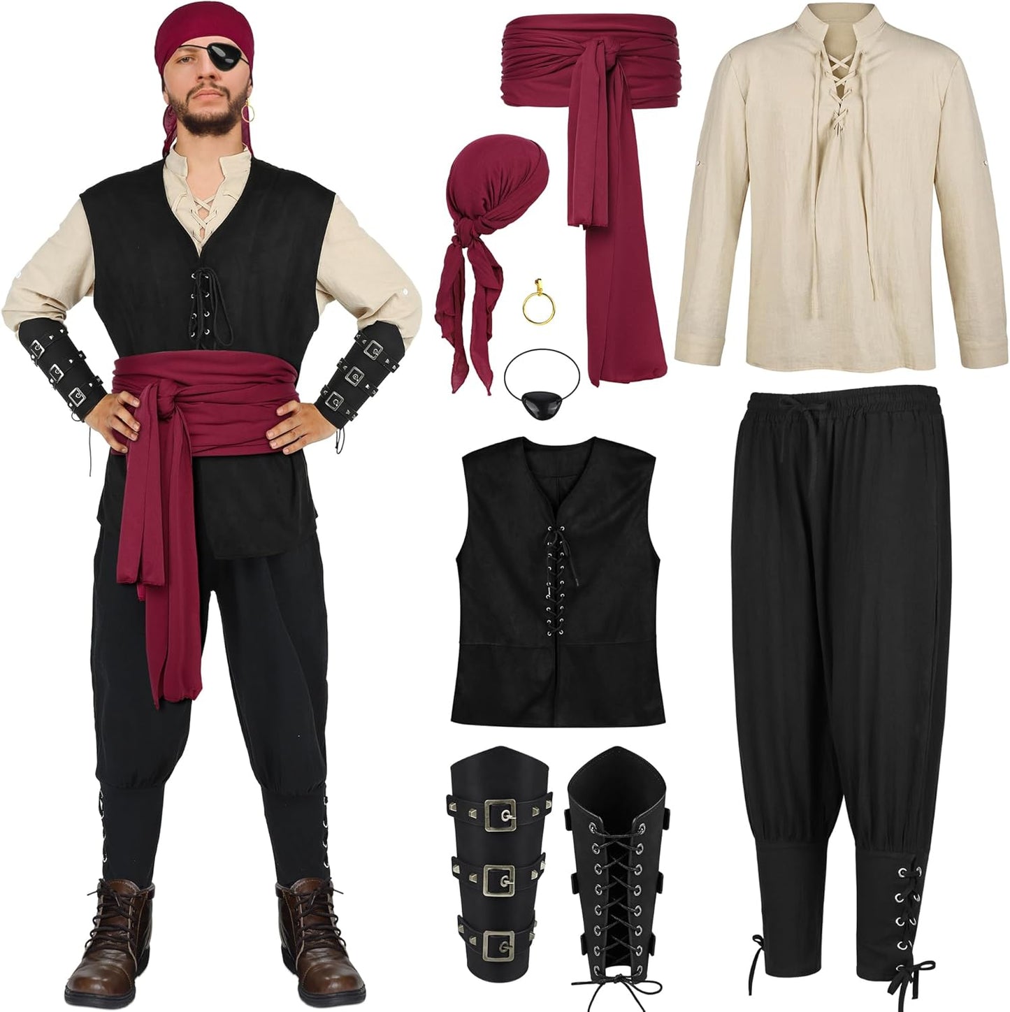 AOTHSO 8 Pieces Men's Pirate Costume Set for Halloween Fun