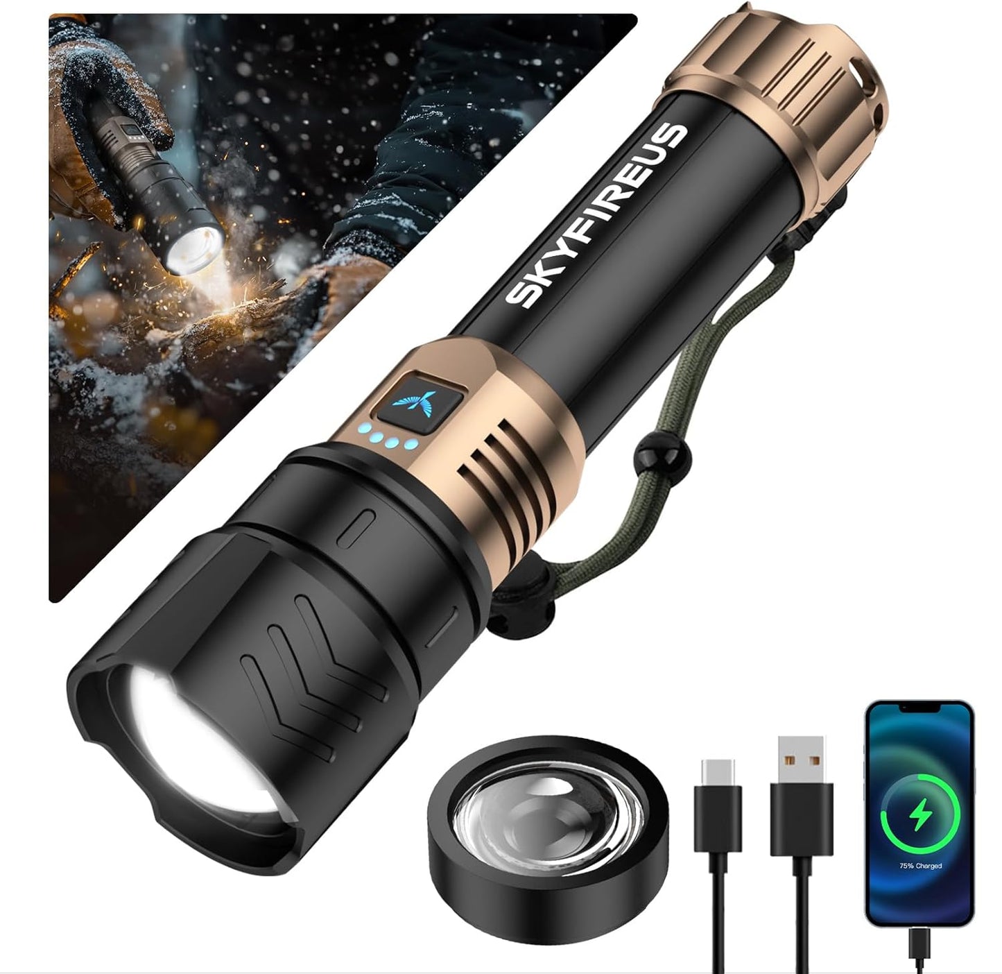 SKYFIRE LED Flashlight 2000lm Rechargeable Tactical Light
