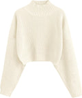 Cropped Turtleneck Sweater Lantern Sleeve Ribbed Knit Pullover