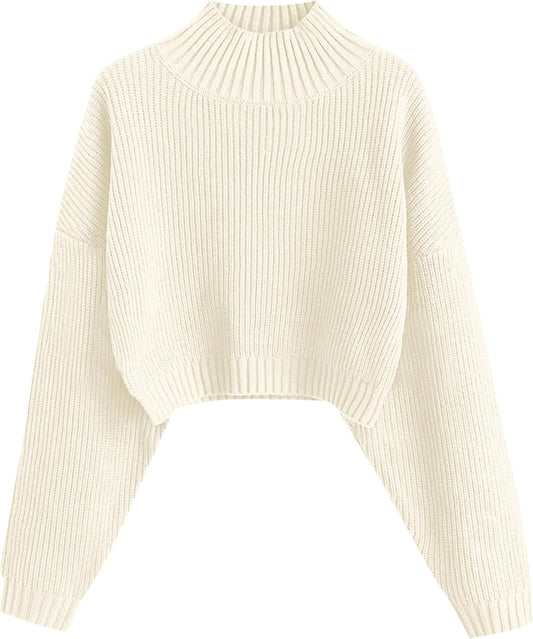Cropped Turtleneck Sweater for Women - Stylish Lantern Sleeve Knit