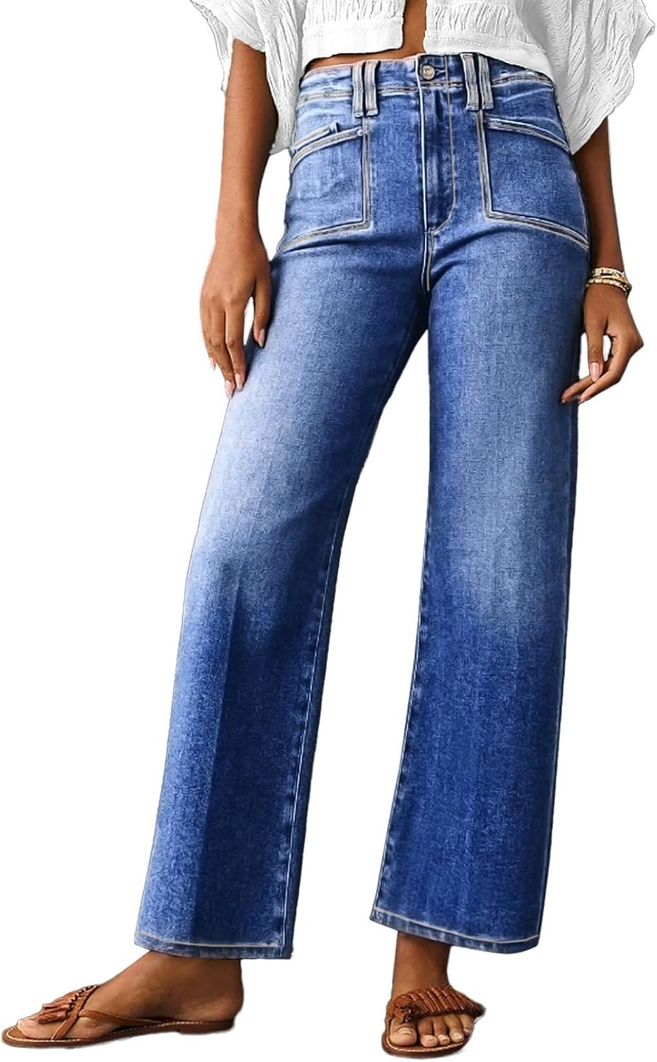 Astylish Womens Wide Leg Jeans High Waisted Stretchy Denim Pants
