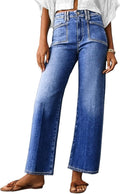 Astylish Womens Wide Leg Jeans High Waisted Stretchy Buttoned