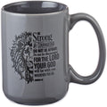 Strong & Courageous Lion Gray Mug - 14 oz. Inspiring Scripture, Microwave Safe