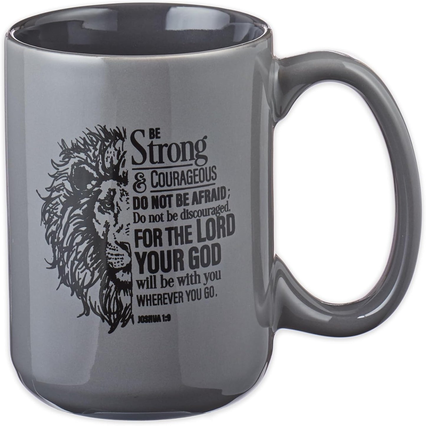 Strong & Courageous Lion Gray Mug - 14 oz. Inspiring Scripture, Microwave Safe