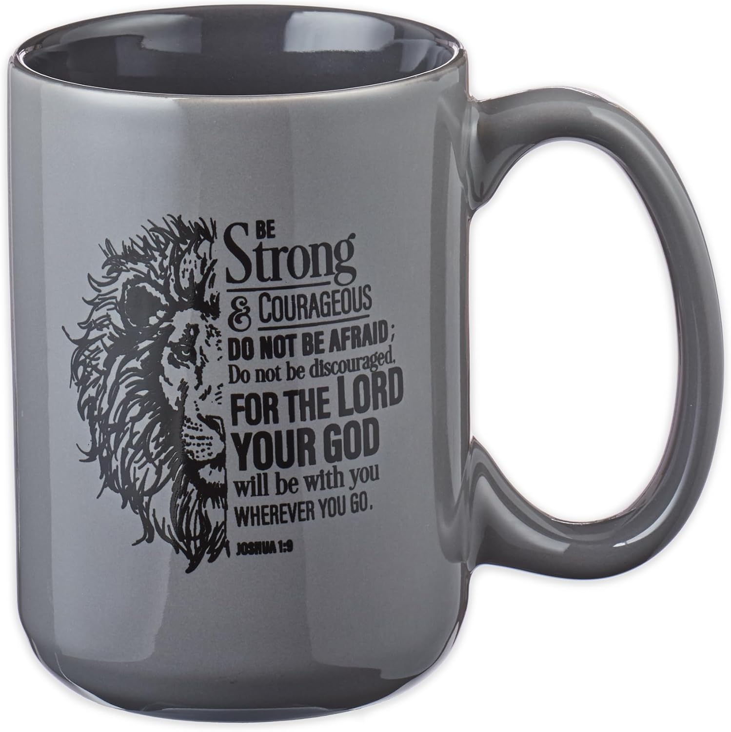 Strong & Courageous Lion Gray Mug - 14 oz. Inspiring Scripture, Microwave Safe