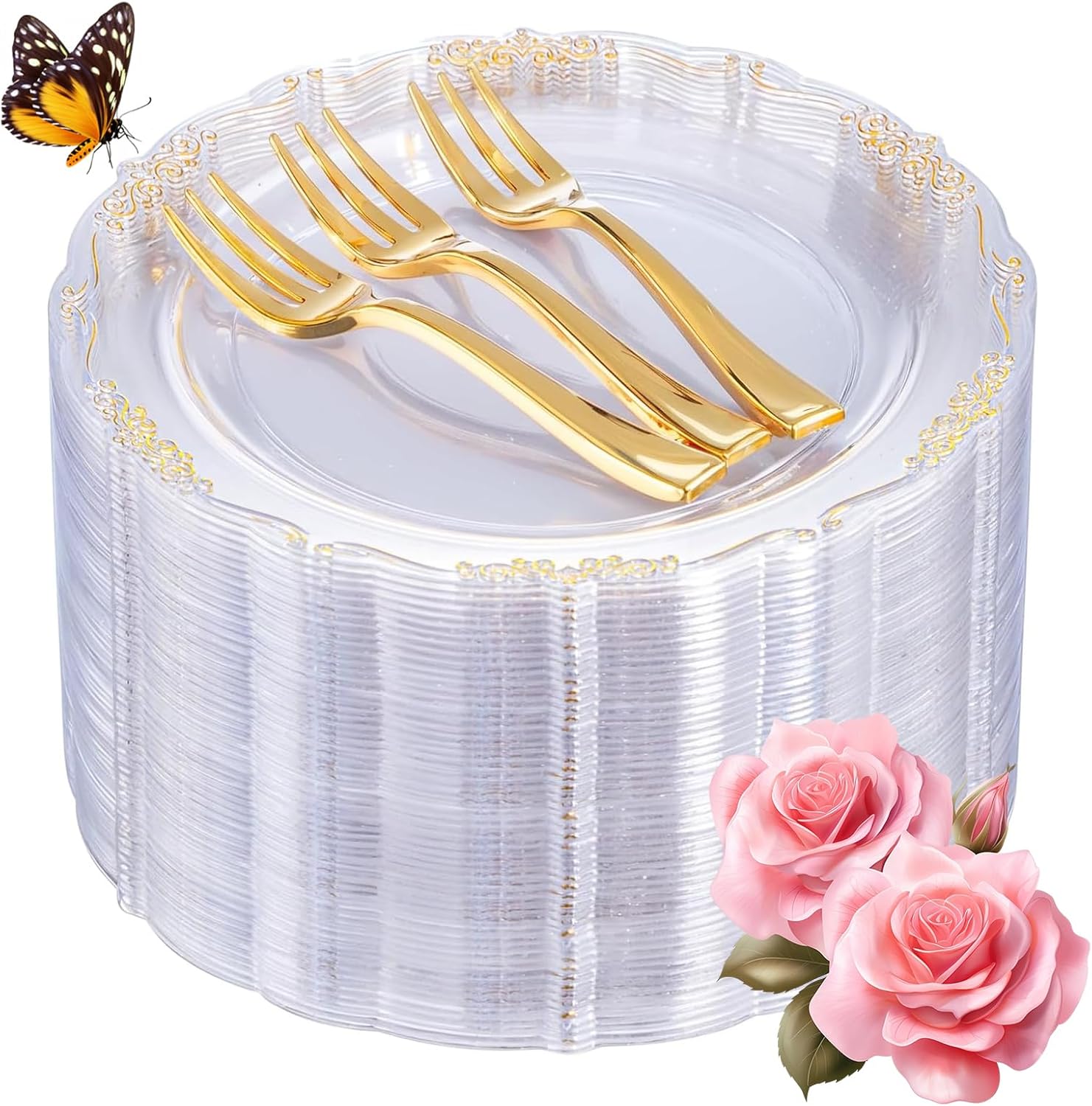 Clear Gold Plastic Dessert Plates and Forks for Elegant Parties