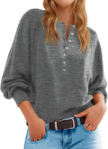 Womens Henley Button Crew Neck Sweater - Loose Knit Pullover