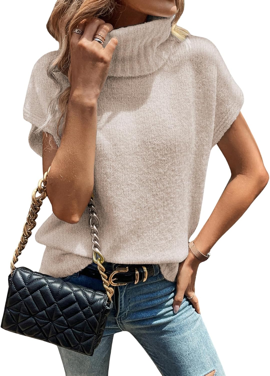 WDIRARA Women's Turtleneck Cap Sleeve Sweater Vest for All Seasons