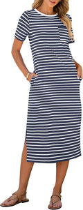 Womens Summer Casual Midi Dress with Short Sleeves and Slits