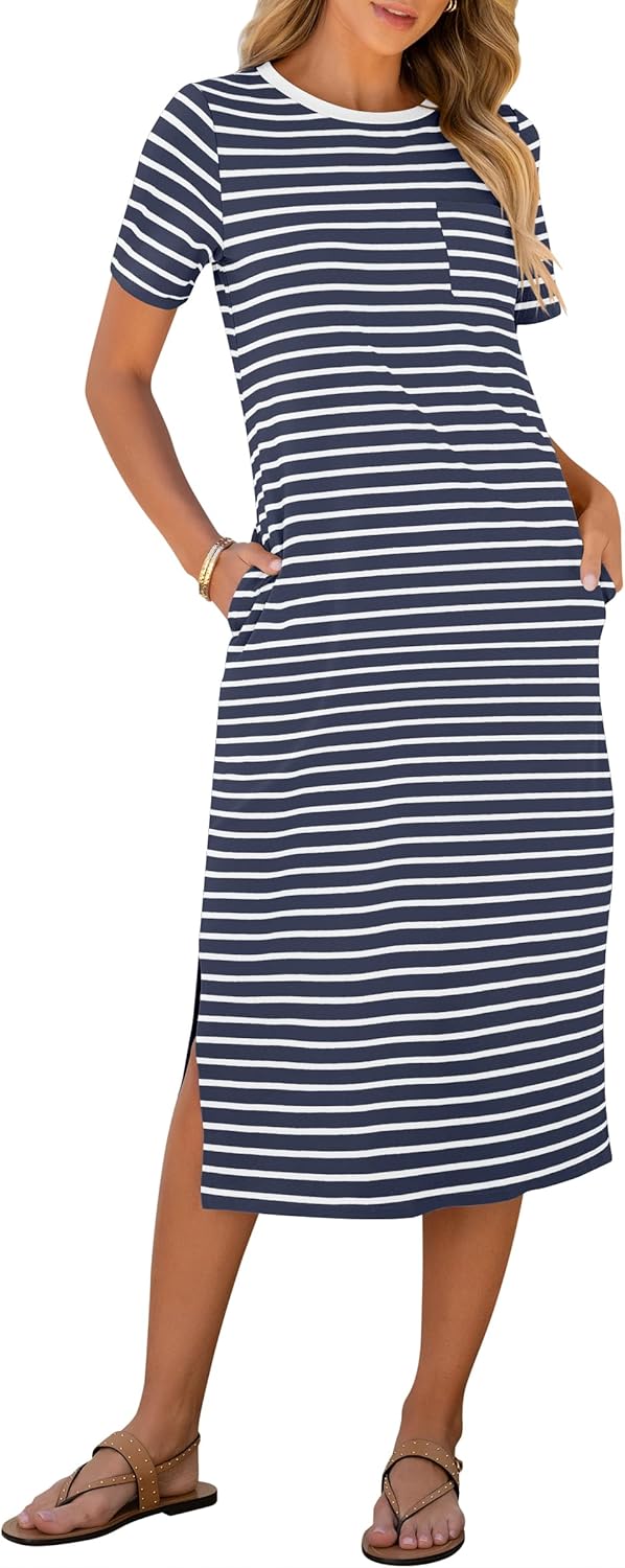 Womens Summer Casual Midi Dress with Short Sleeves and Slits
