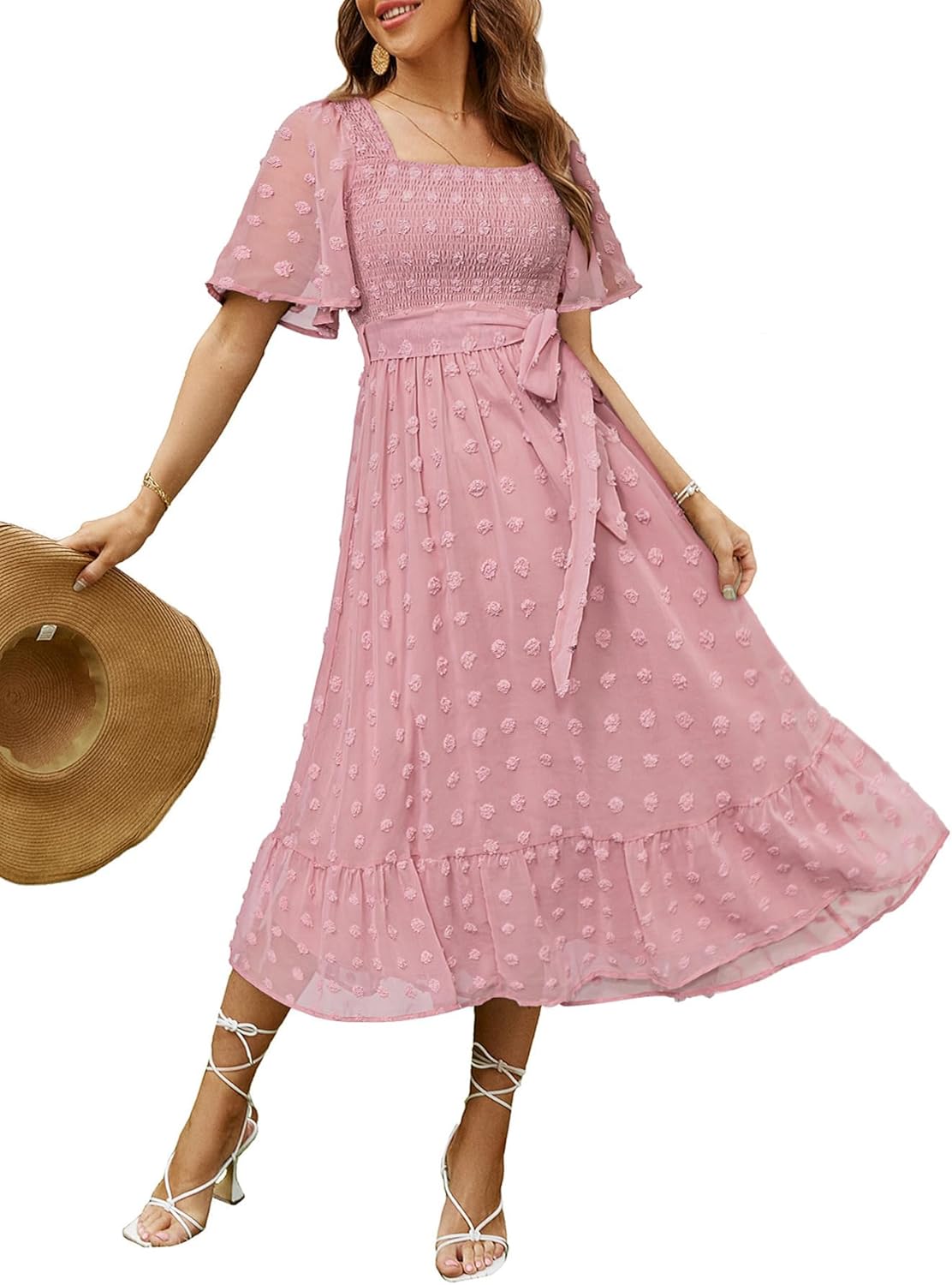 Amegoya Women's Boho Flowy Long Sleeve Square Neck Midi Dress