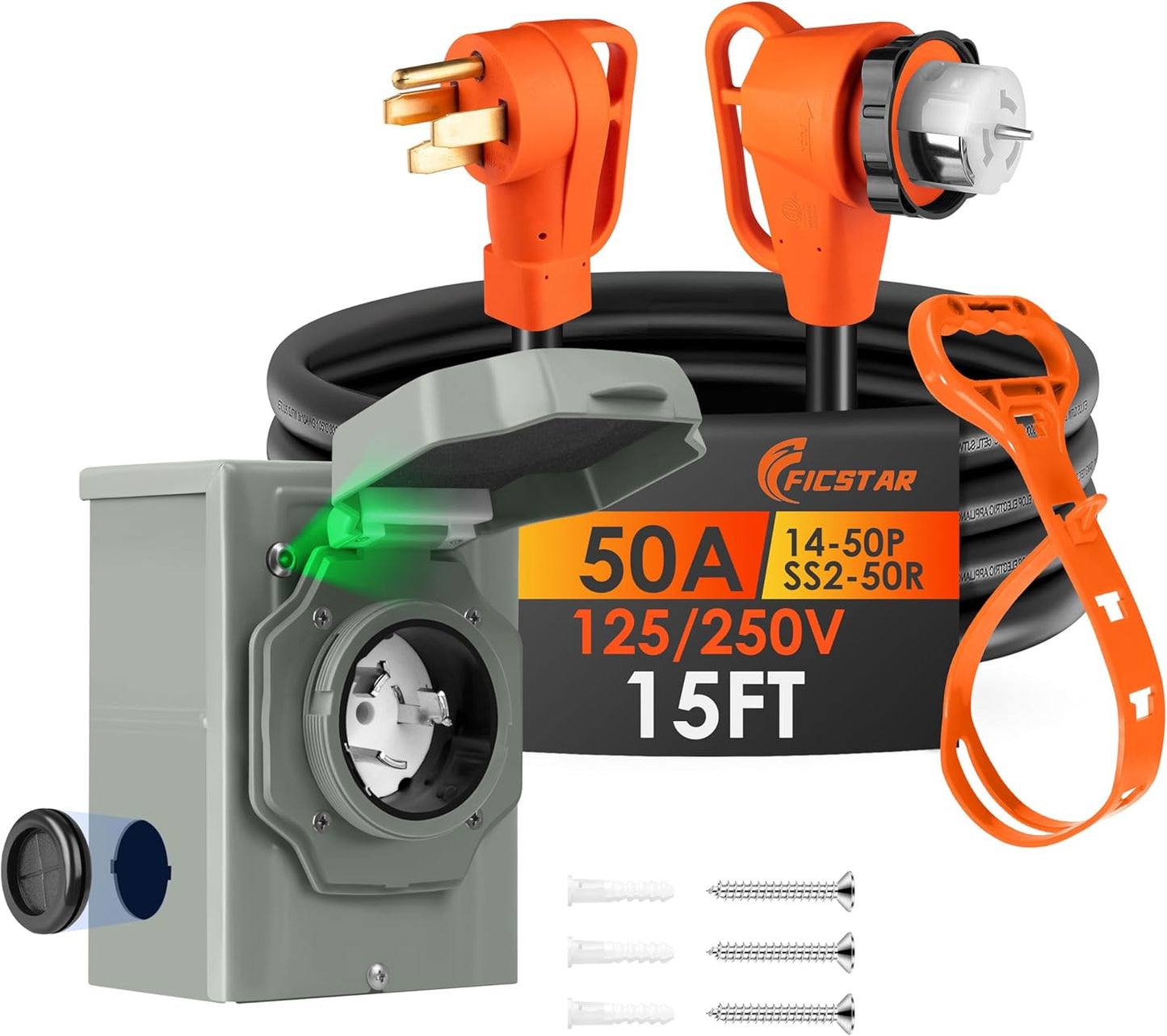 15FT 50 Amp Generator Cord and Inlet Box Kit for Power Needs