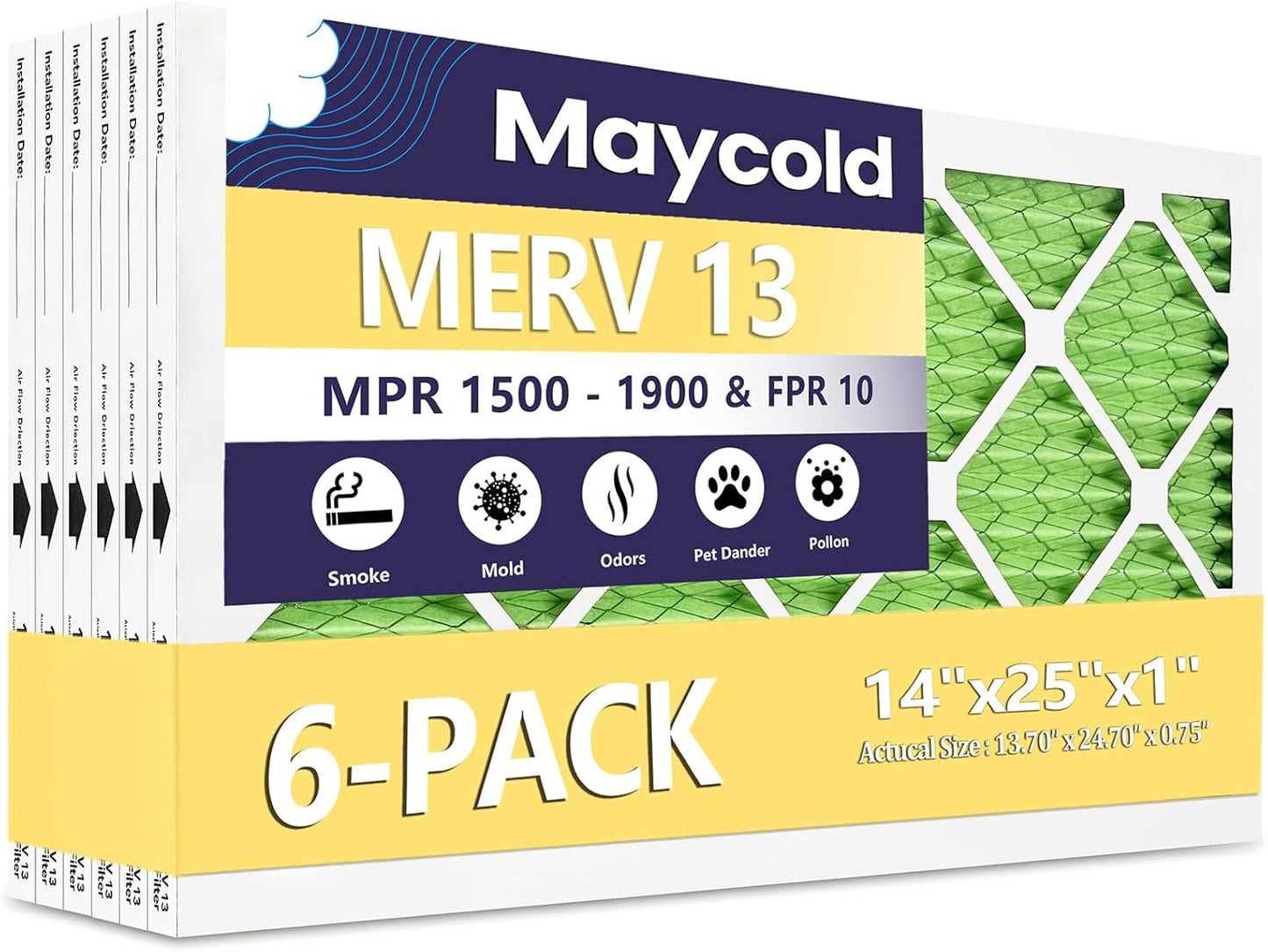Maycold MERV 13 Air Filter 14x25x1 - High-Efficiency 6-Pack