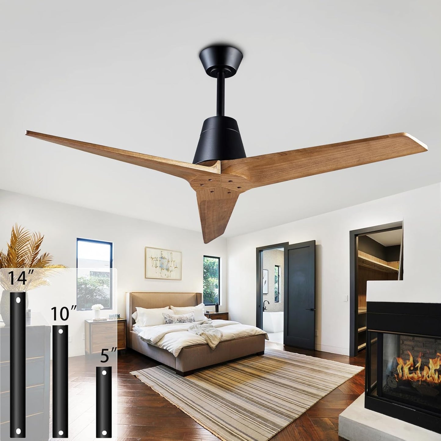 52 Inch Ceiling Fan Without Lights, Solid Wood Blades, Remote Control
