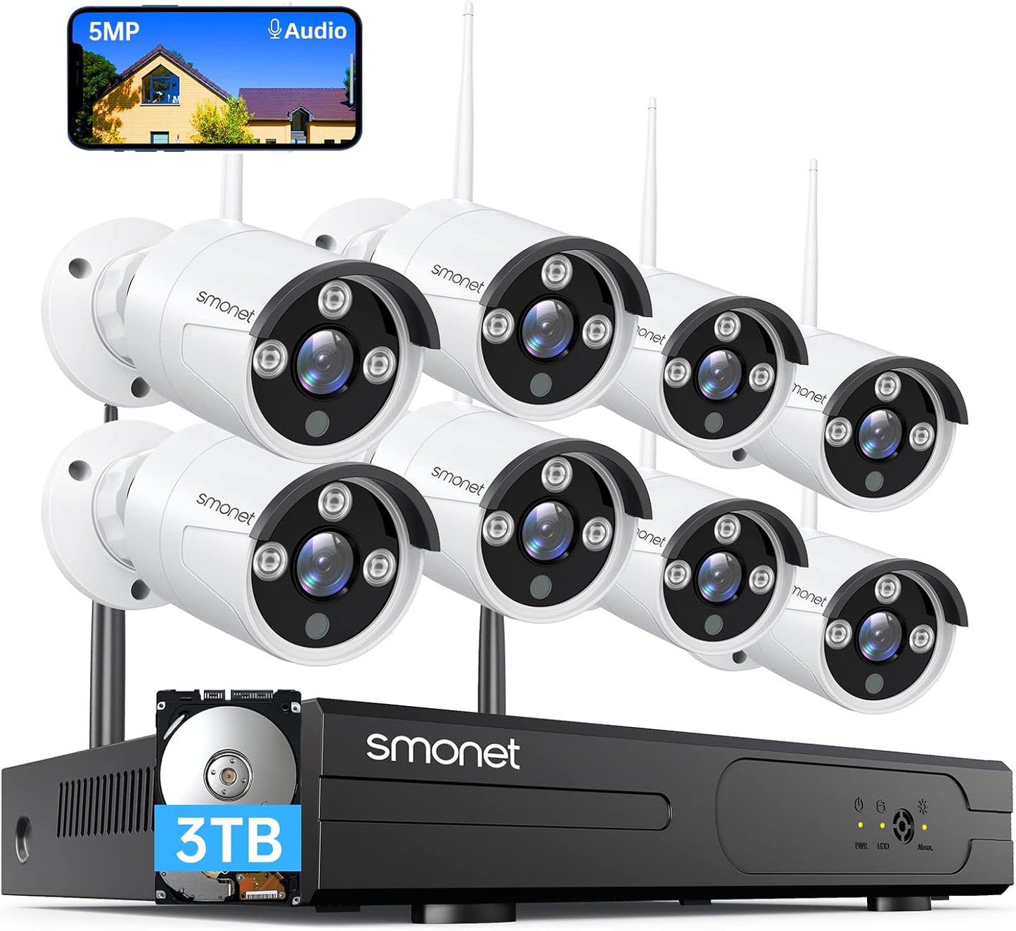 SMONET 5MP HD Security Cam System - 24/7 Video