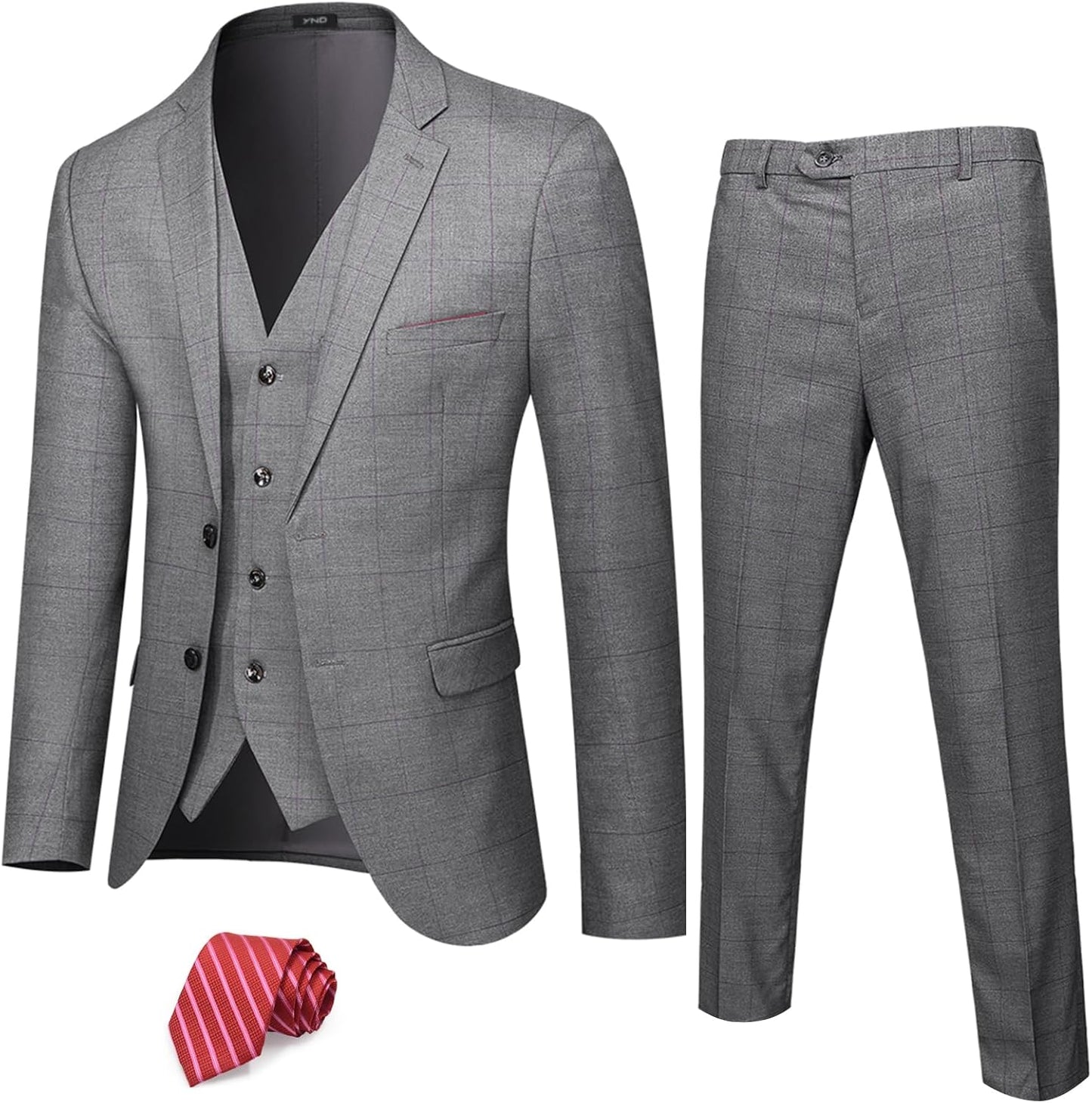 YND Men's 3 Piece Suit Set with Tie for Business and Weddings