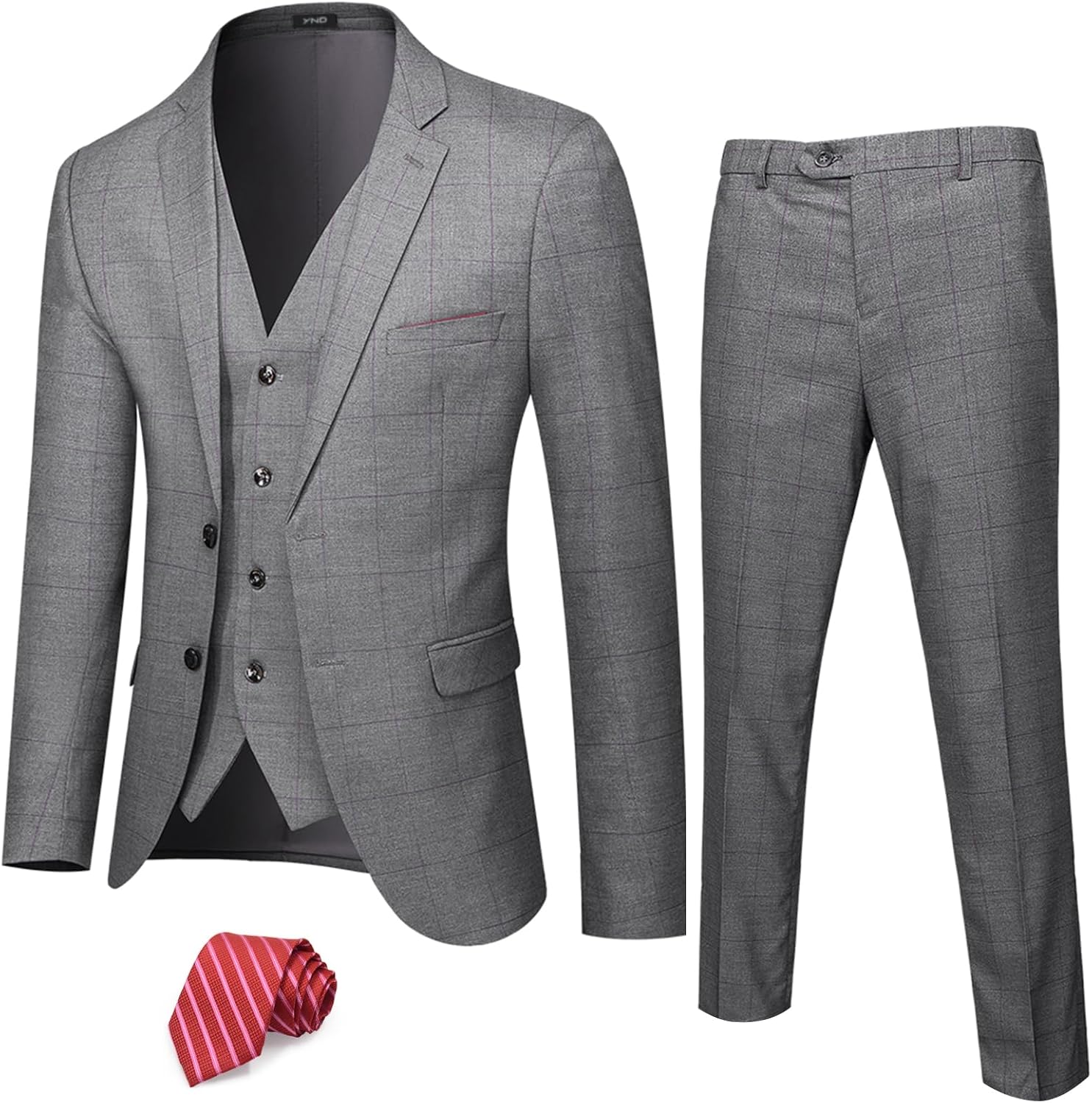 YND Men's 3 Piece Suit Set with Tie for Business and Weddings