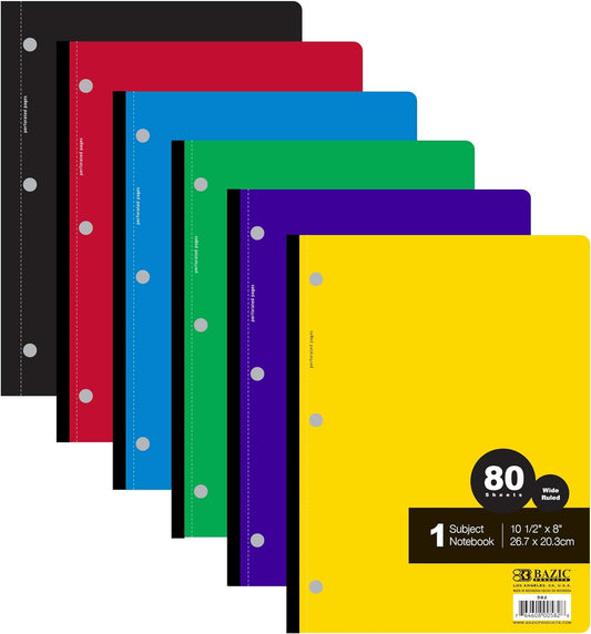 BAZIC Wireless Notebooks - Wide Ruled, 80 Sheets, 6-Pack