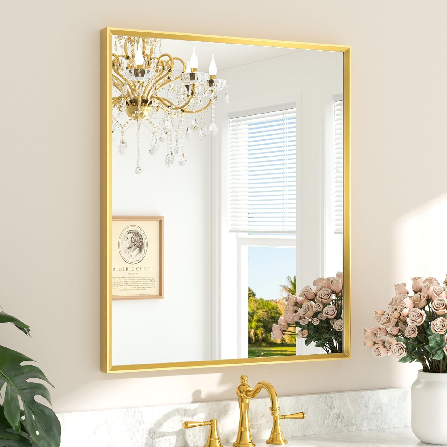 Brushed Gold Bathroom Mirror 30x36 with Beveled Frame Design