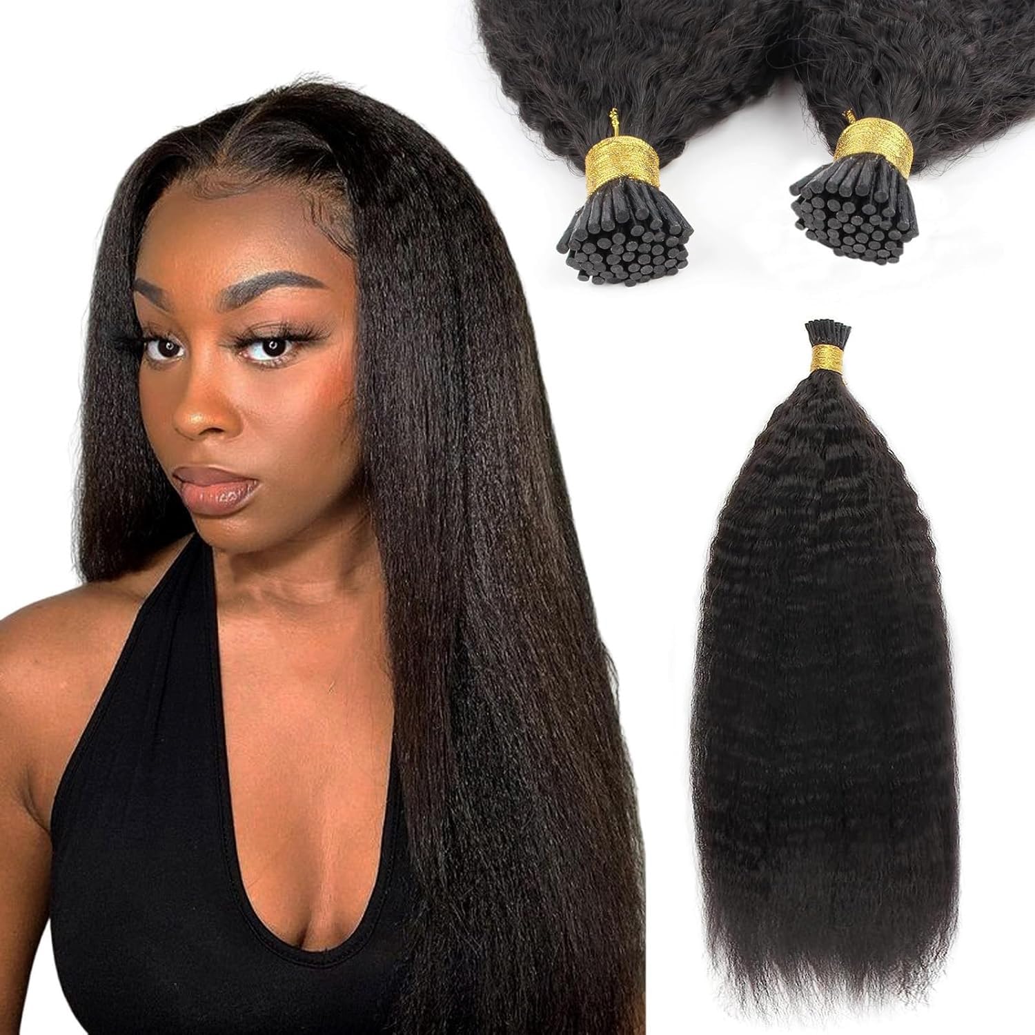 I Tip Human Hair Extensions 24 Inch Kinky Straight Natural Black