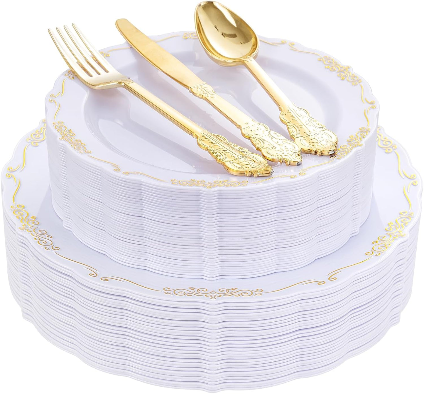 150Pcs White Gold Plastic Plates & Silverware for Elegant Parties