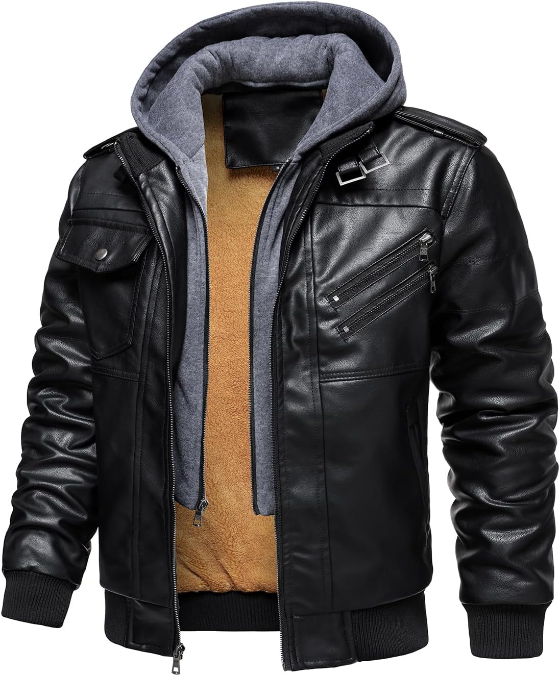 HOOD CREW Mens Casual Stand Collar PU Faux Leather Jacket