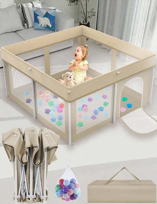 Ultra-Portable Baby Playpen, Instant Setup, Safe Mesh, Beige