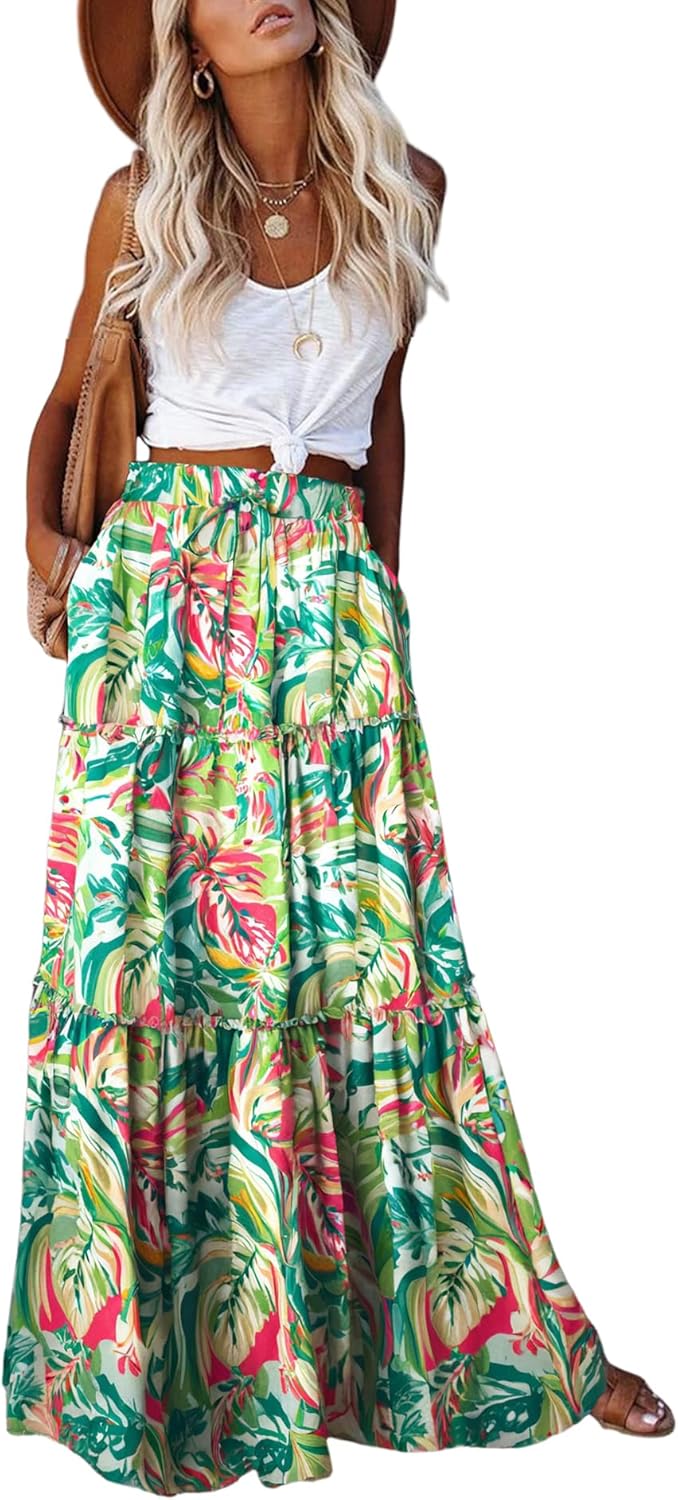 EARKOHA Womens Casual High Waist Tie Maxi Skirt with Pockets
